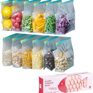 15pcs Reusable Food Storage With Ziplock And Label