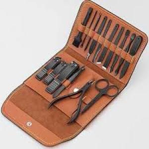 16PCS Stainless Steel Nail Care Tool Set - Black Manicure Set with Brown Case