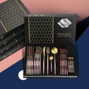 24 Pcs Gold Plated Stainless Steel Cutlery Set -with RACK