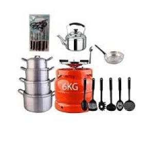 Economy Kitchen Bundle- 4 Set Pots, 1 Kettle, 1 Frying Pan, 1 Set Non-stick Frying Spoon, 1 Small Knife Set, 1 Set Of Table Spoon And 6kg Gas Cylinder